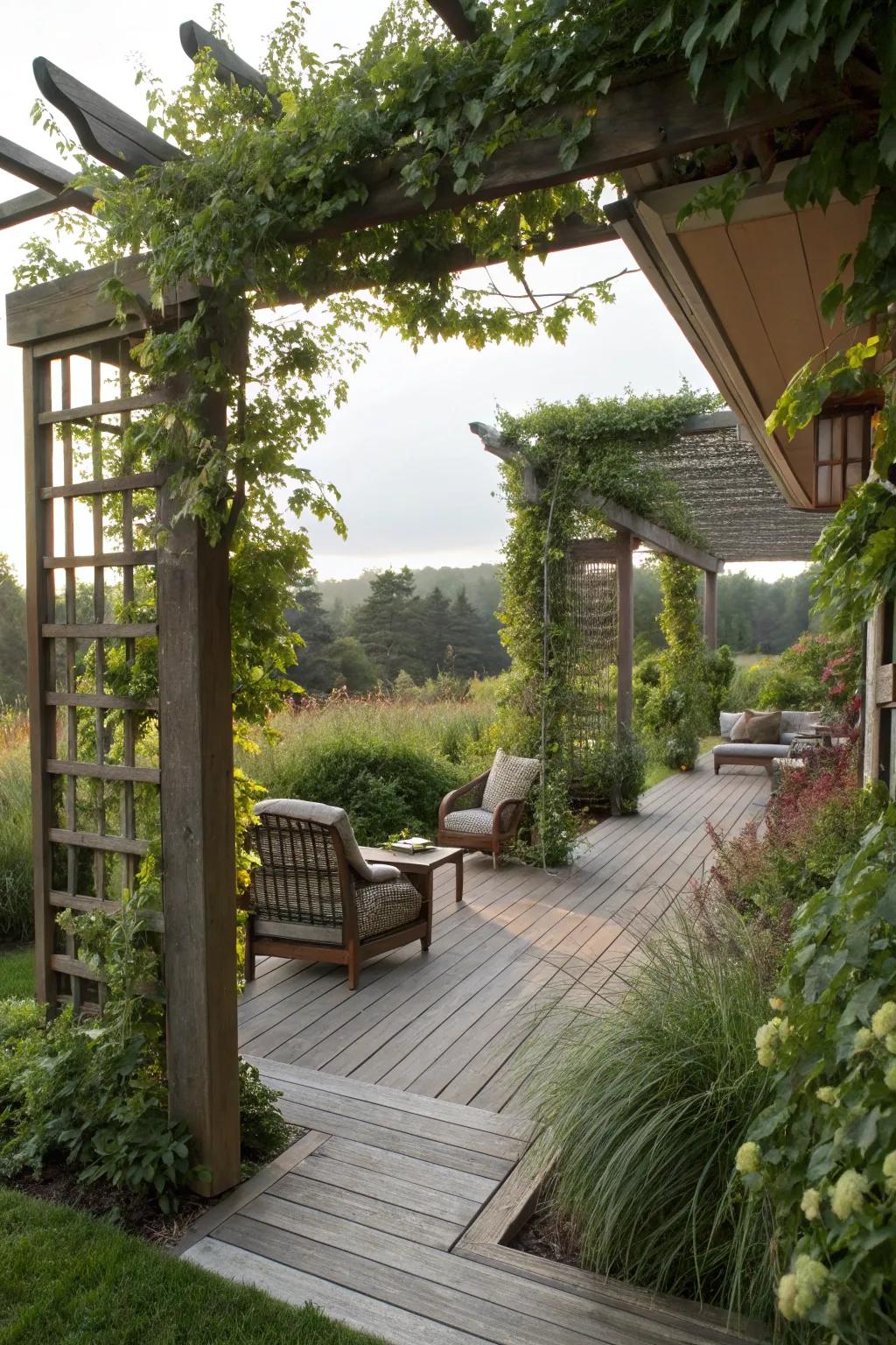 Secluded deck and patio with a secret garden feel.