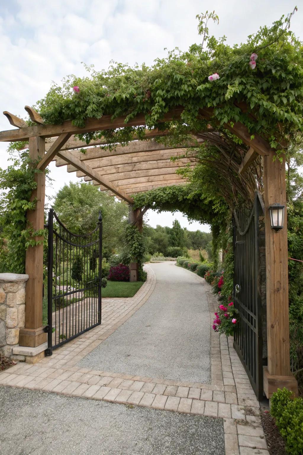 A wooden pergola adding warmth to a driveway entrance.