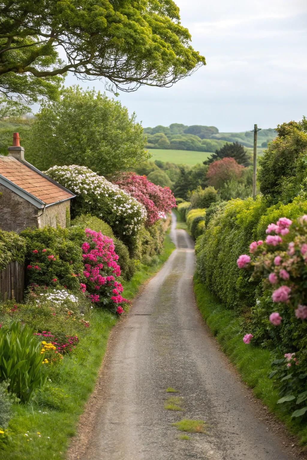 A serene driveway lined with lush greenery and vibrant shrubs.