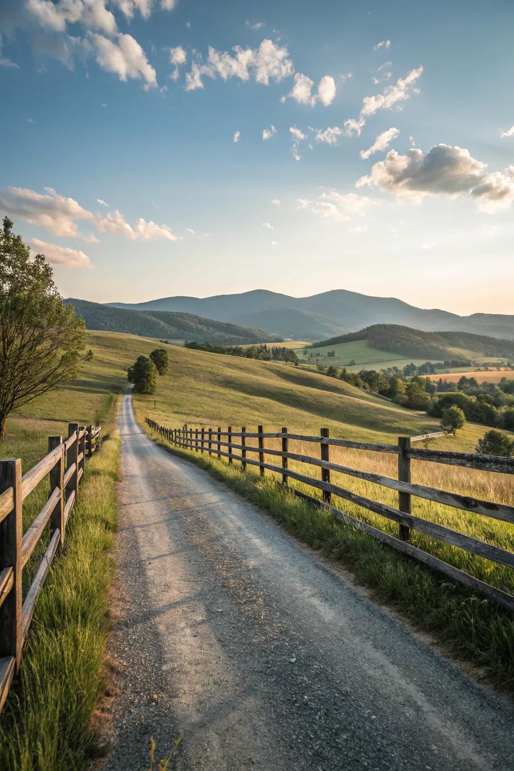 A classic split rail fence lining a rural driveway.