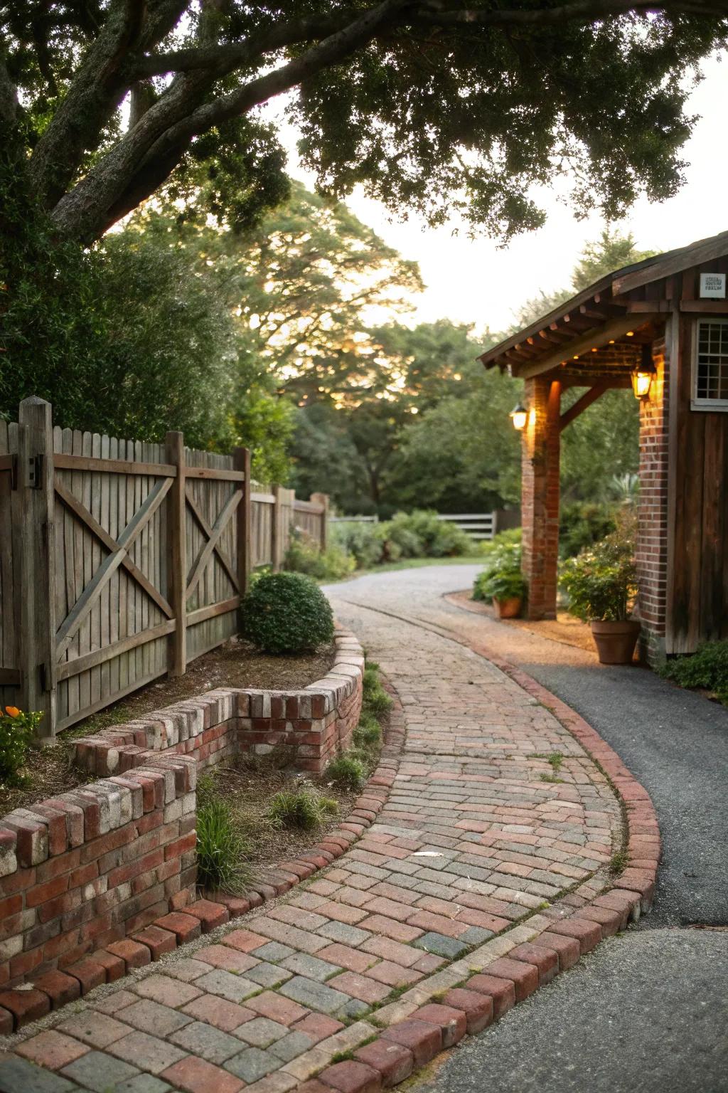 Recycled brick edging adding character to a driveway entrance.