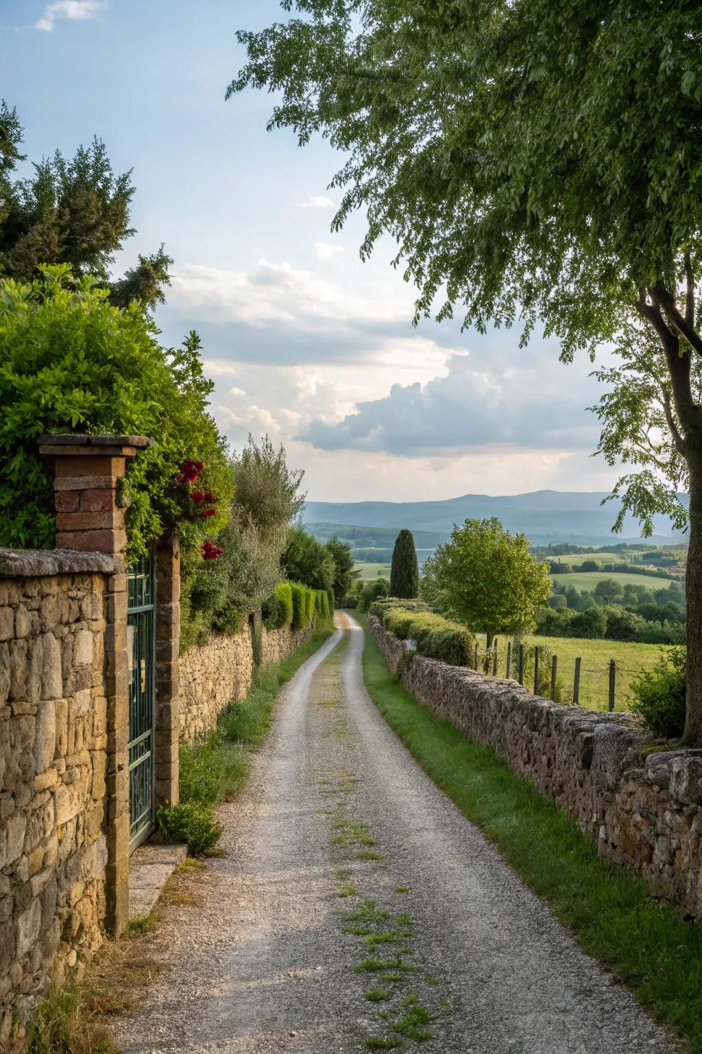 Rustic stone walls adding charm to a rural driveway.