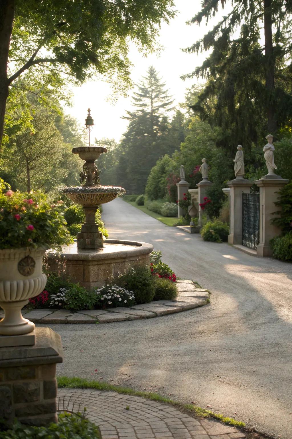 A central fountain serving as a focal point in a driveway.