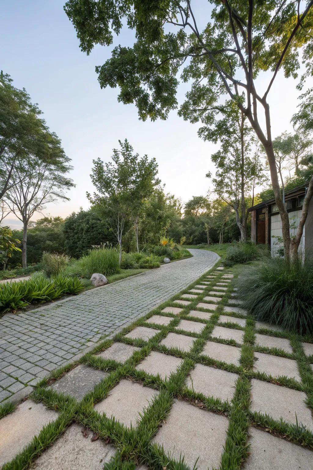 Permeable pavers providing a sustainable solution for a driveway.