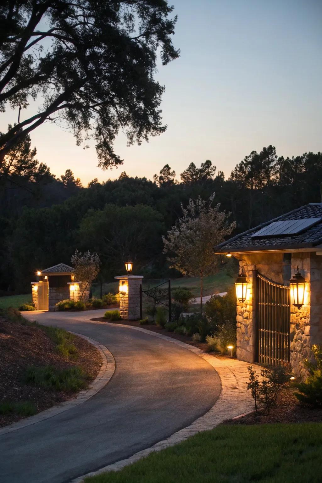 A driveway entrance beautifully illuminated by solar-powered lights.