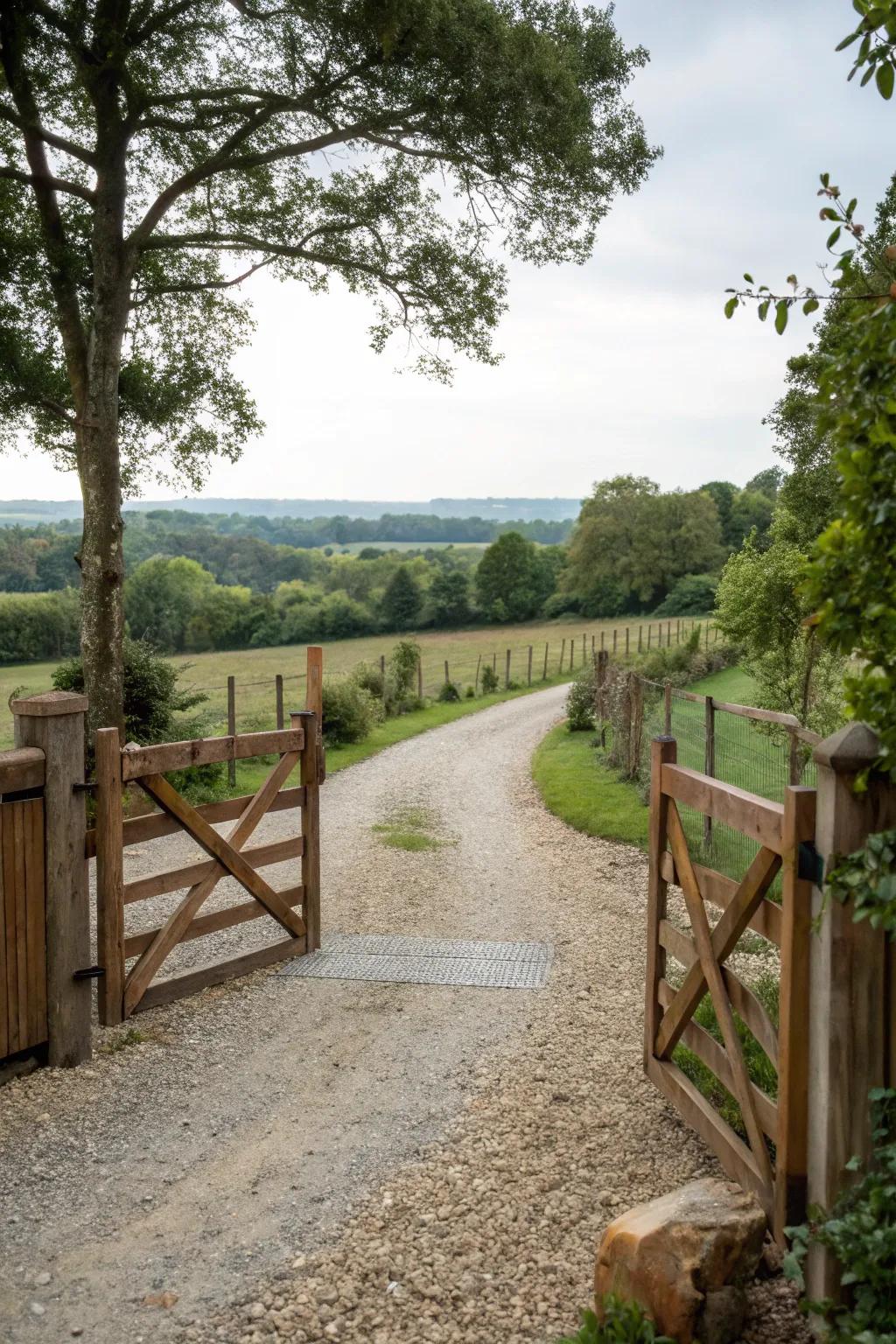 Rustic wooden gates marking the entrance to a gravel driveway.