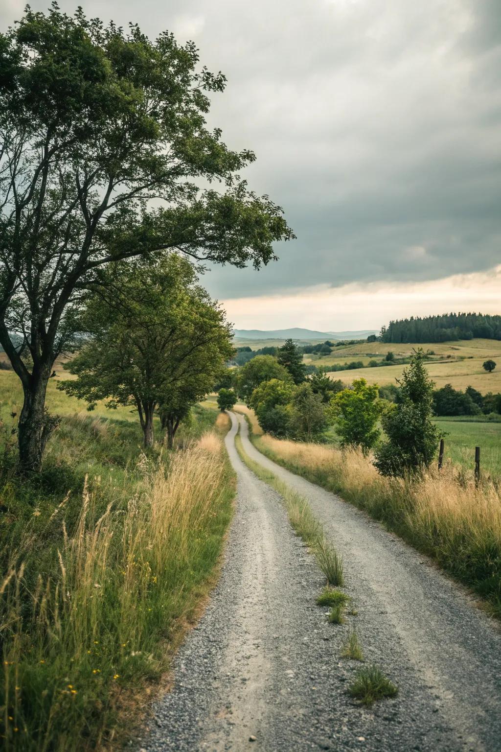 A charming gravel path winding through a rural landscape.