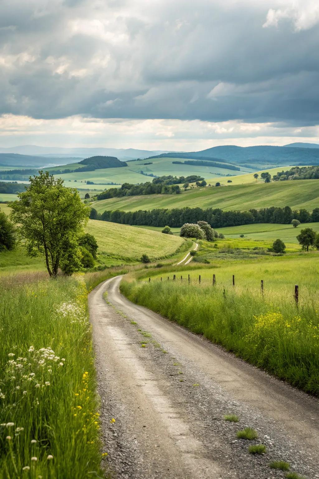 Expansive open fields providing a picturesque backdrop to a rural driveway.