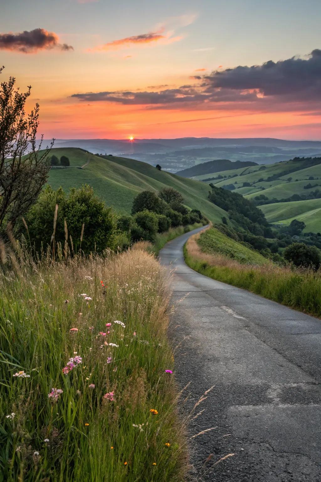 A driveway offering breathtaking scenic vistas of rolling hills.