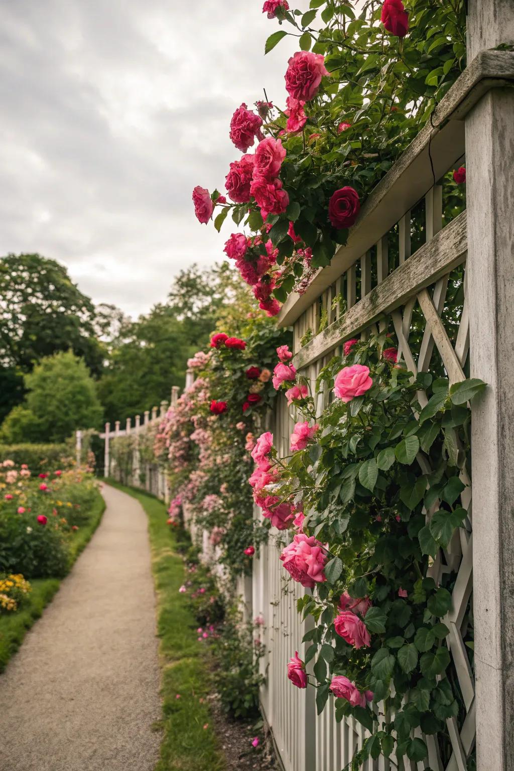 A trellis fence adorned with climbing roses adds a romantic feel.