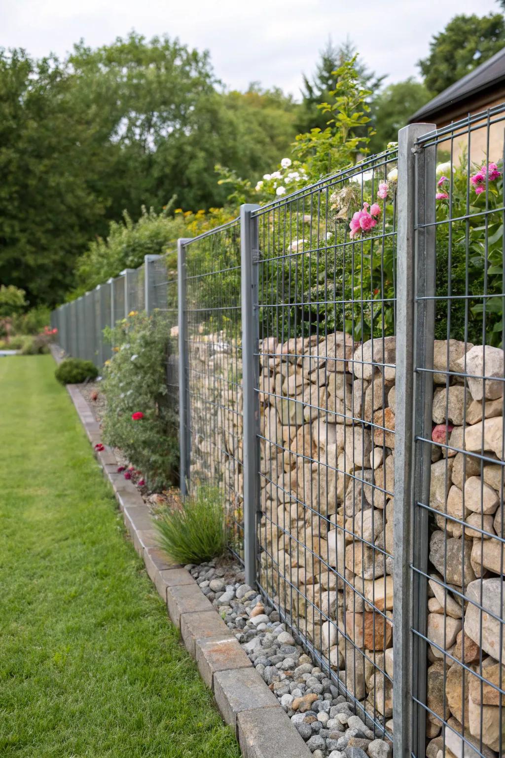 Gabion walls offer a rustic, industrial charm to the garden.