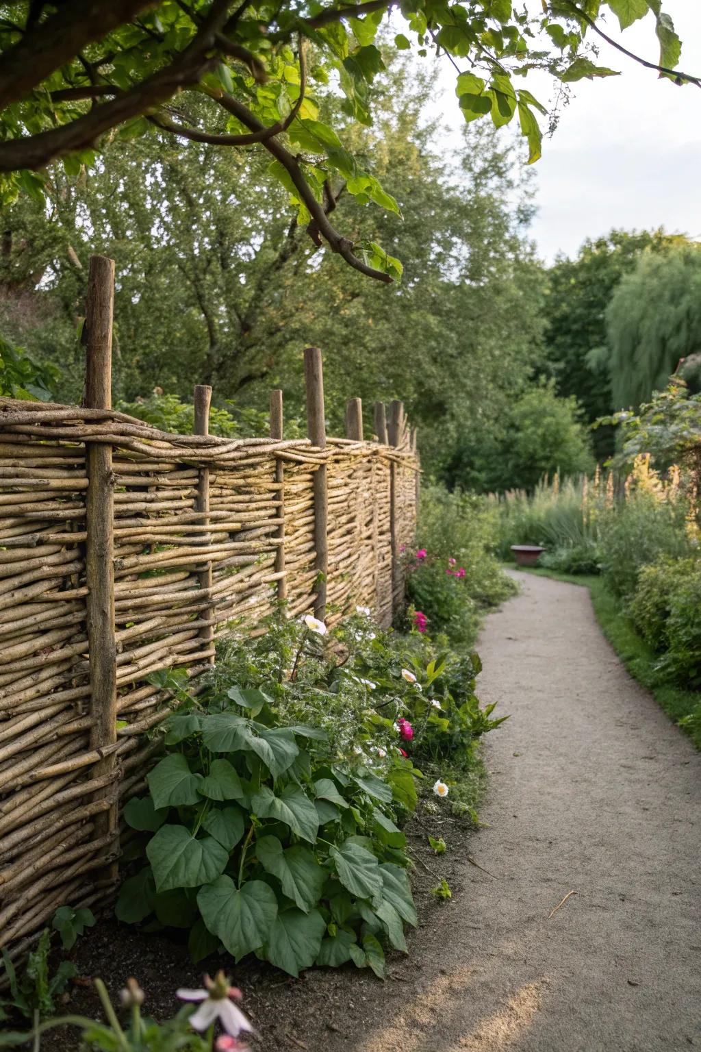 Woven willow fencing adds rustic charm to the garden.