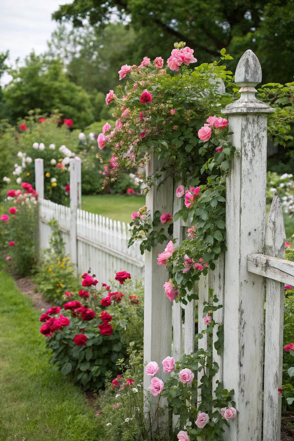 Cottage-style fencing creates a charming, storybook garden.