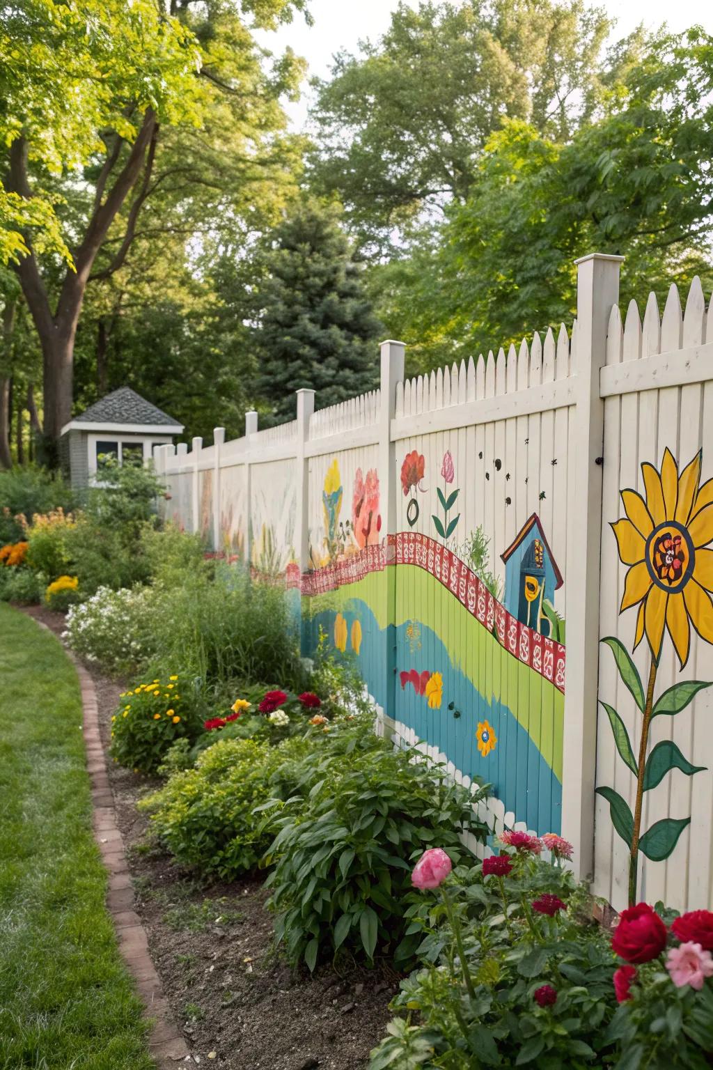 A mural fence adds a personal, artistic touch to the garden.