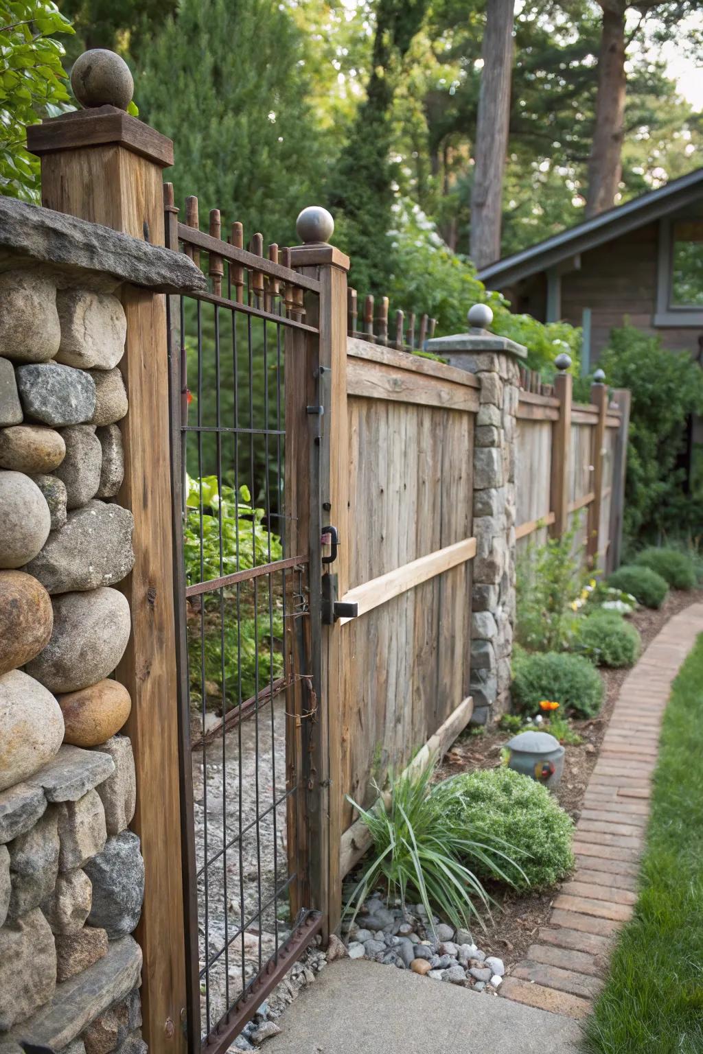 A fence combining various materials for an eclectic look.