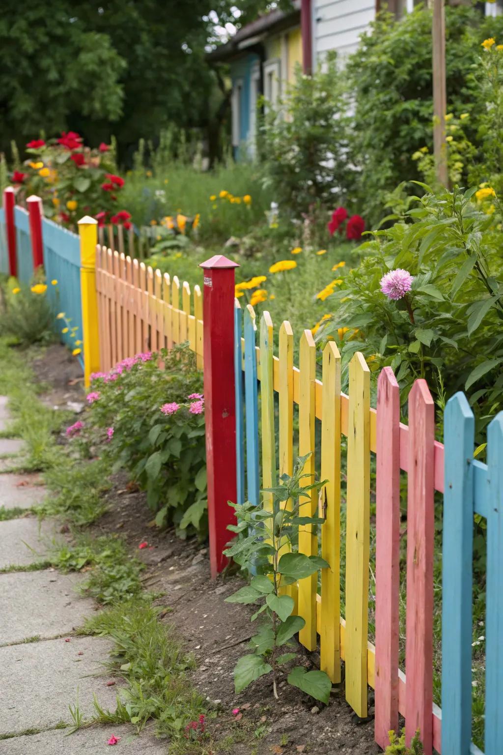 Colorful picket fences bring a whimsical touch to the garden.