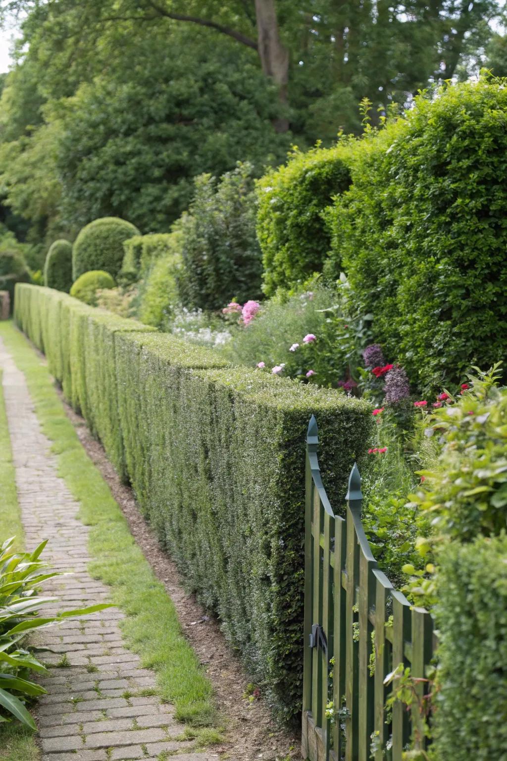 A living fence made of lush hedges creates a natural boundary.