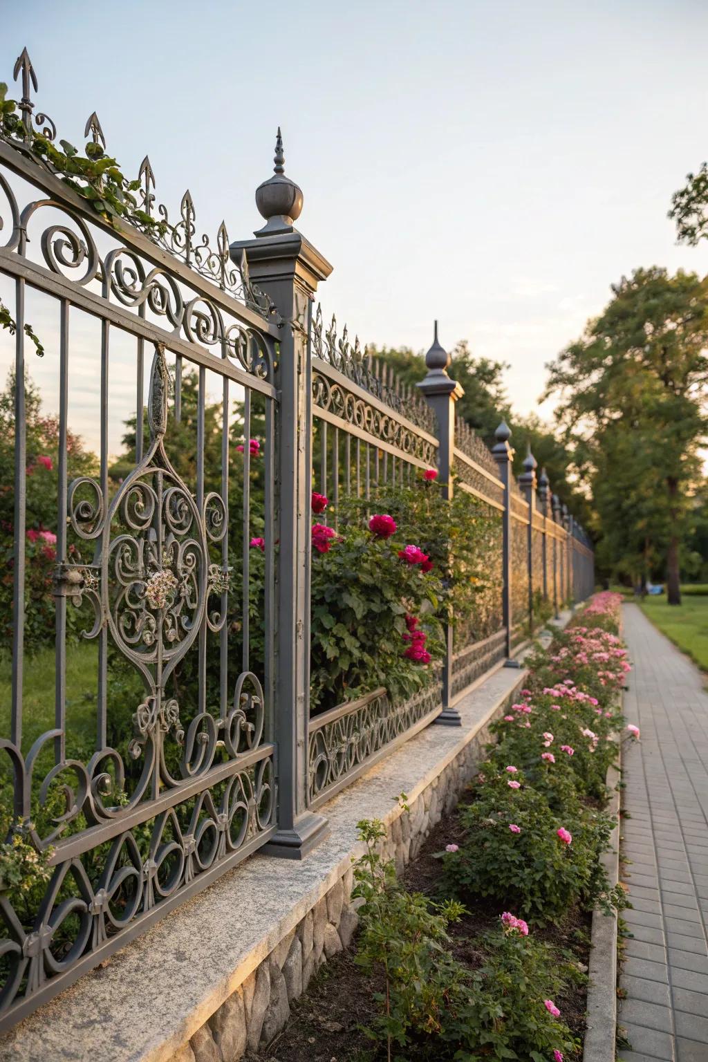 A modern metal fence adds a sophisticated touch to the garden.