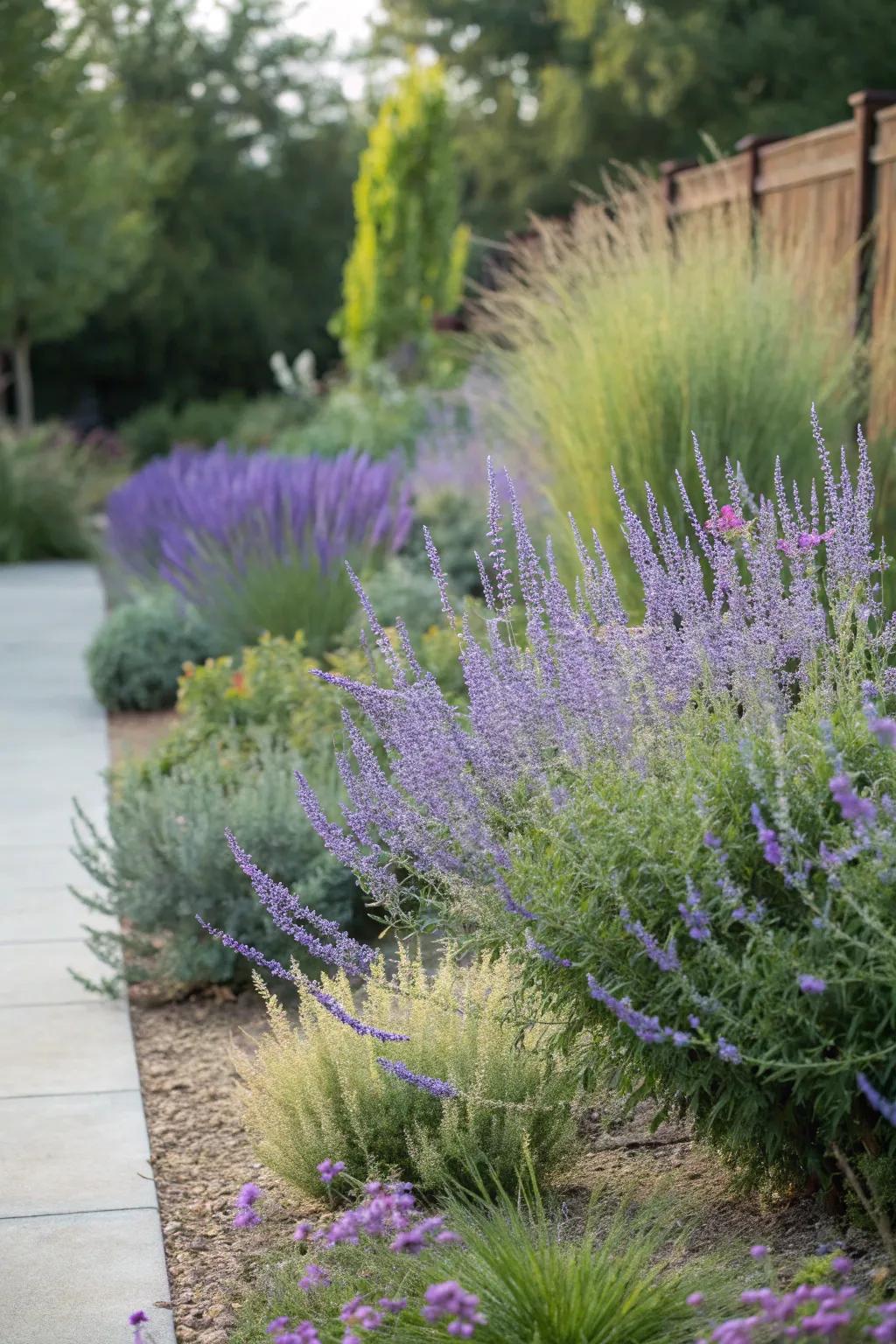 Drought-tolerant shrubs define spaces and add privacy to xeriscape gardens.