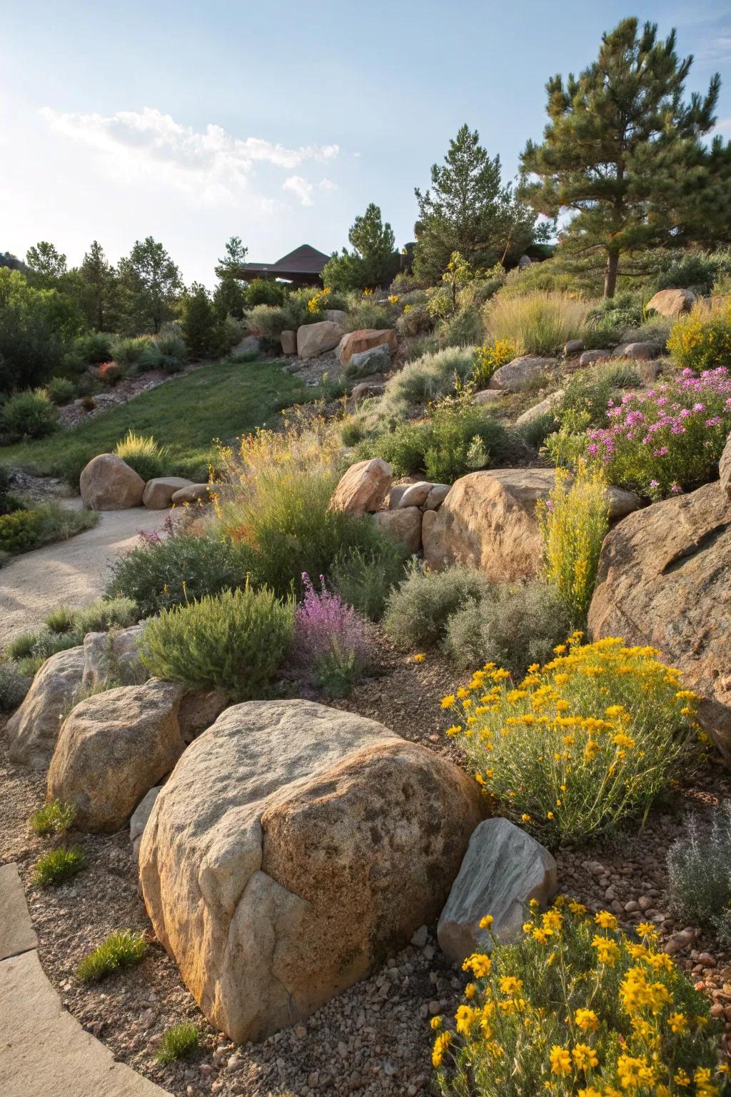Rocks and boulders add visual interest and help manage water flow in xeriscape gardens.