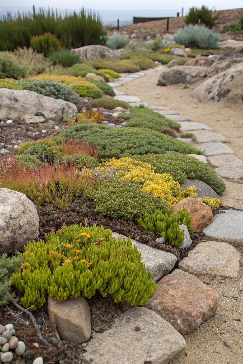 Creeping groundcovers fill gaps and minimize water use in xeriscape gardens.