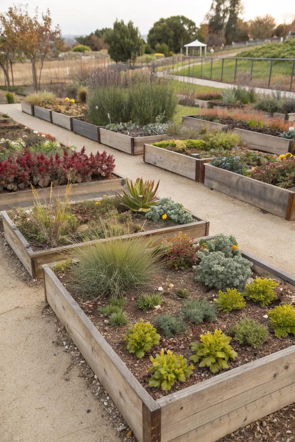 Raised beds improve drainage and organization in xeriscape gardens.