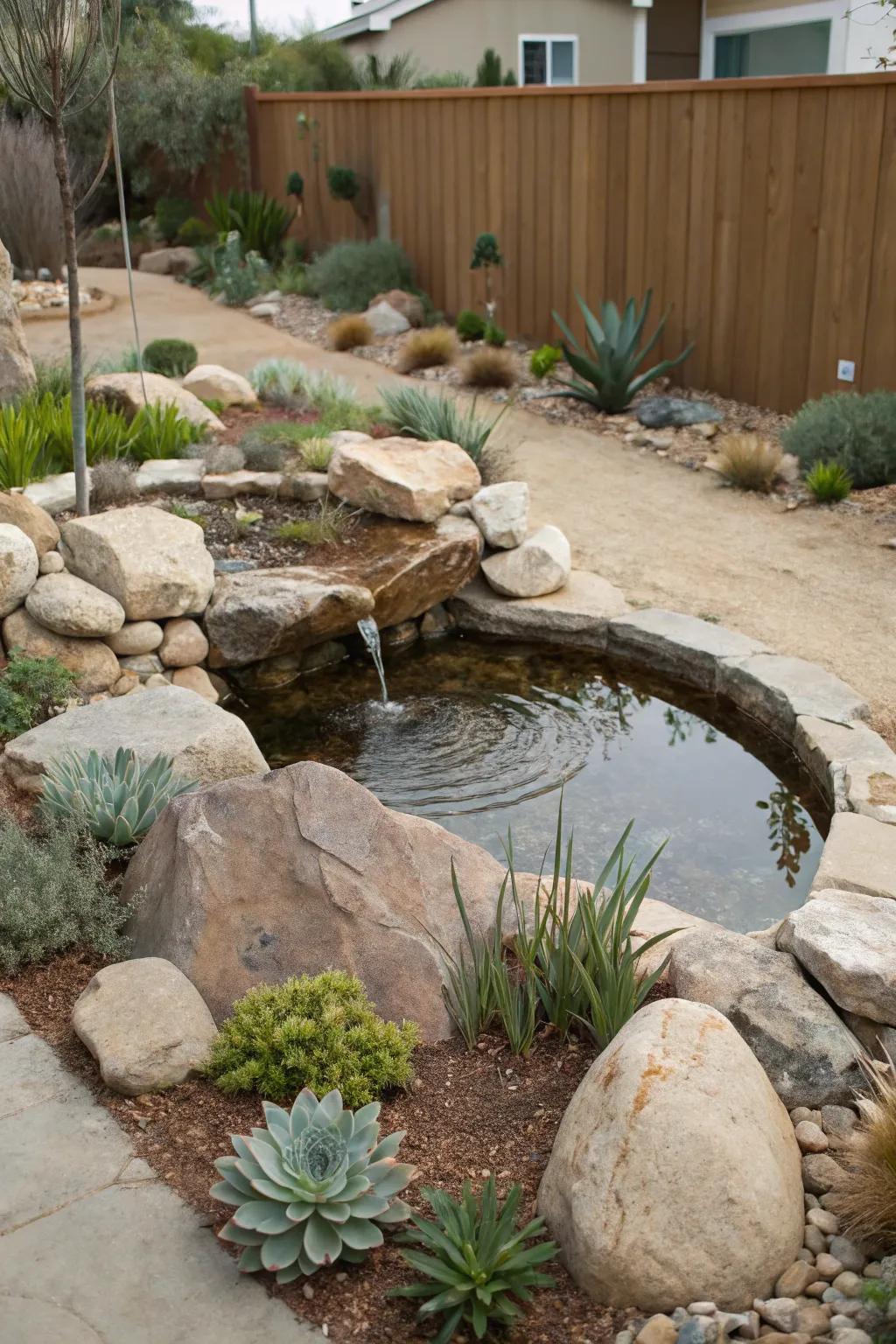 A water feature adds soothing sound and movement to a garden without wasting water.
