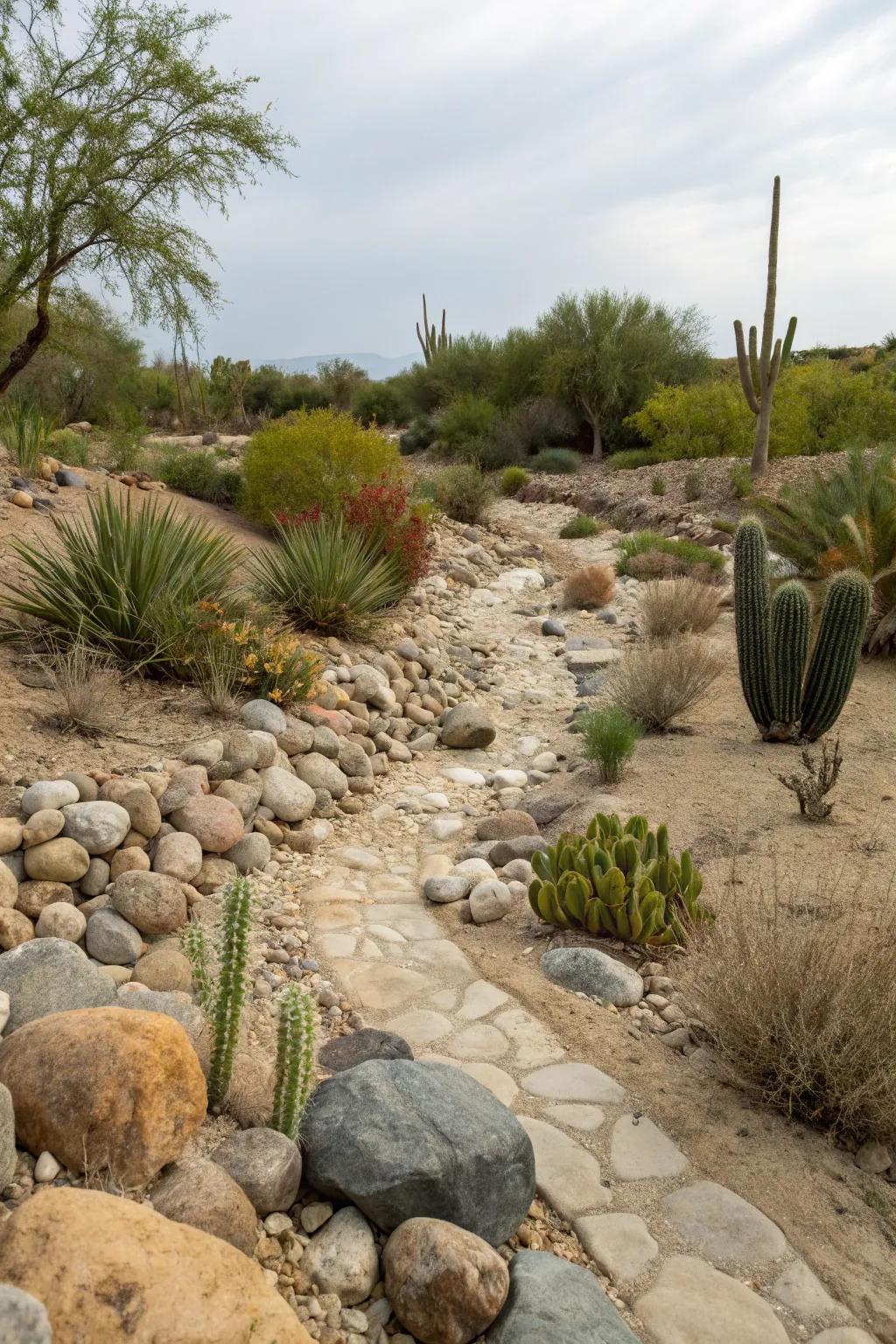 Dry creek beds guide rainwater and add a natural charm to xeriscape gardens.