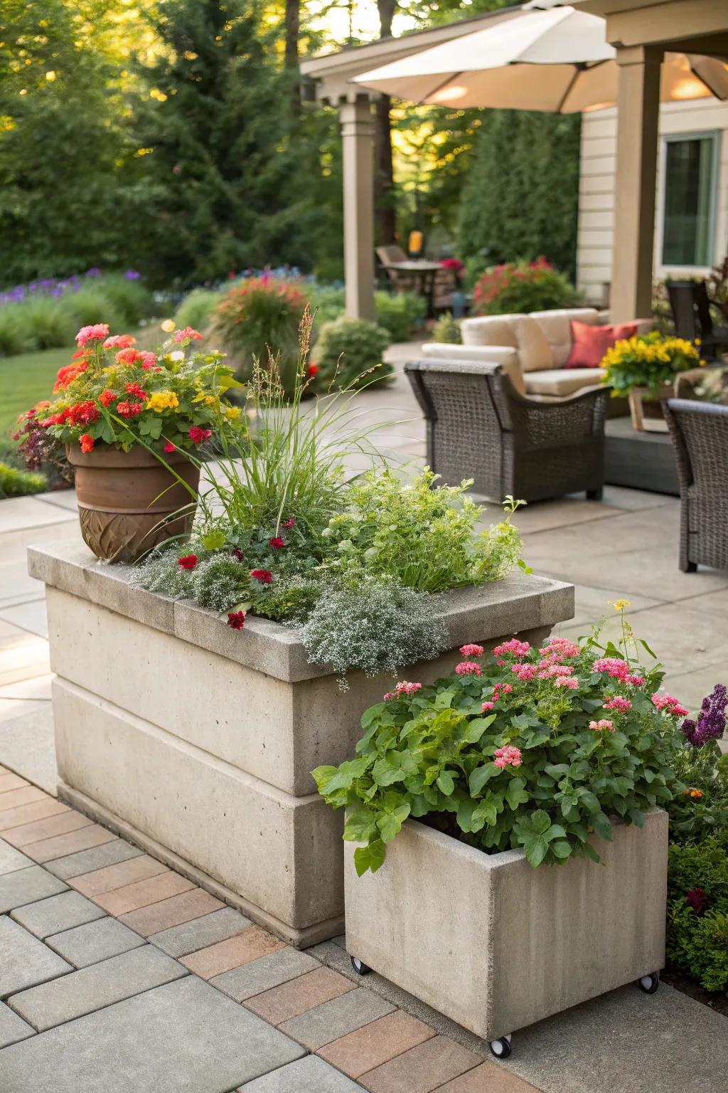 Planters help define and separate patio areas.