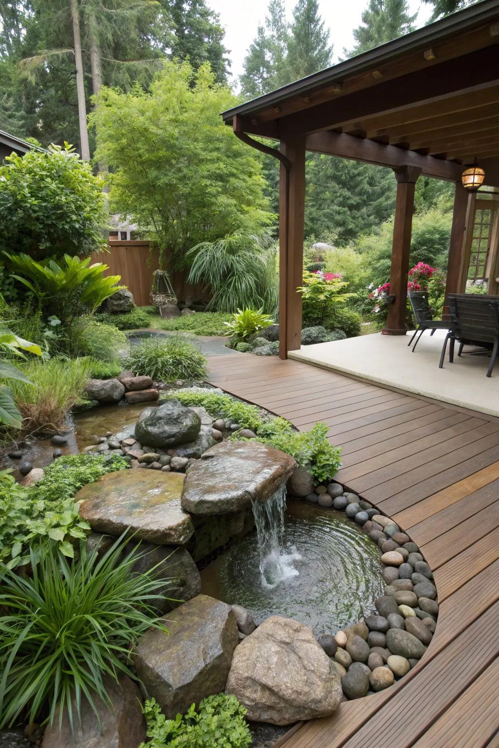 A small rock fountain adds a soothing element to the deck's surrounding landscape.