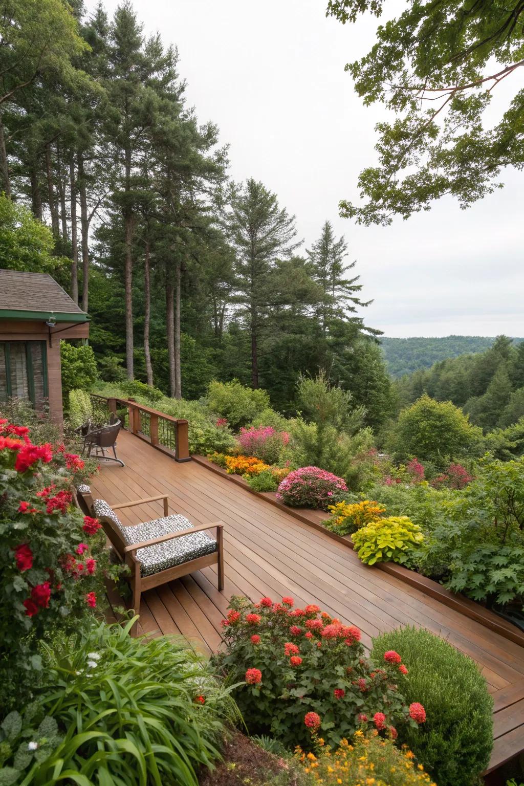 A deck enveloped by a lush variety of plants and shrubs, creating a private oasis.