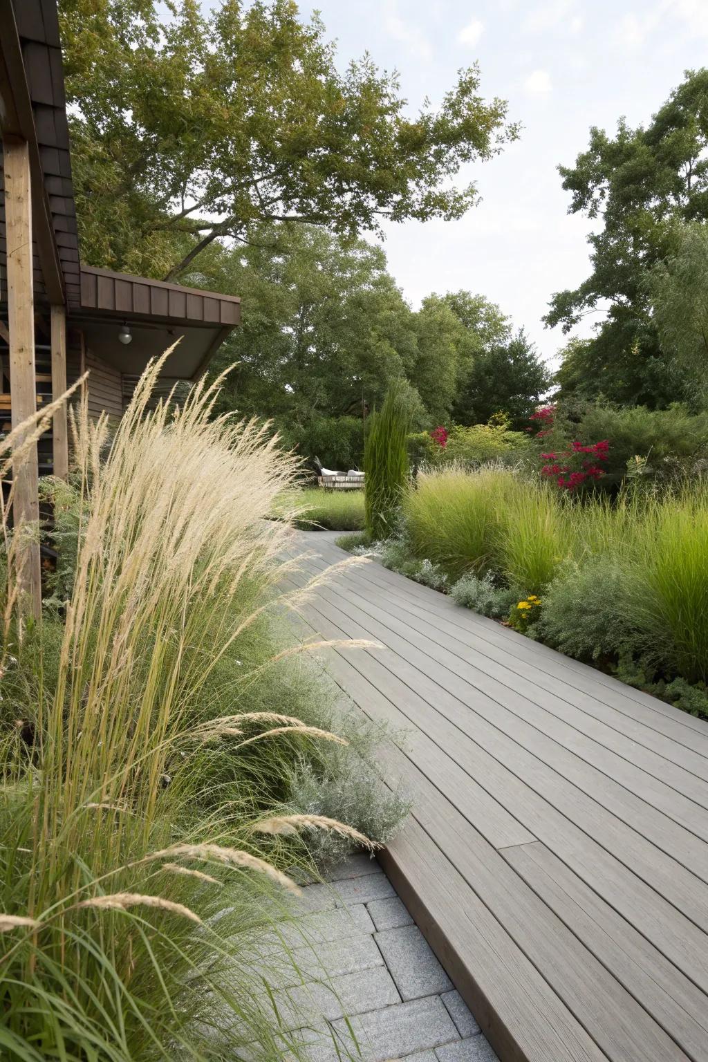 Tall ornamental grasses border the deck, providing privacy and a touch of nature.