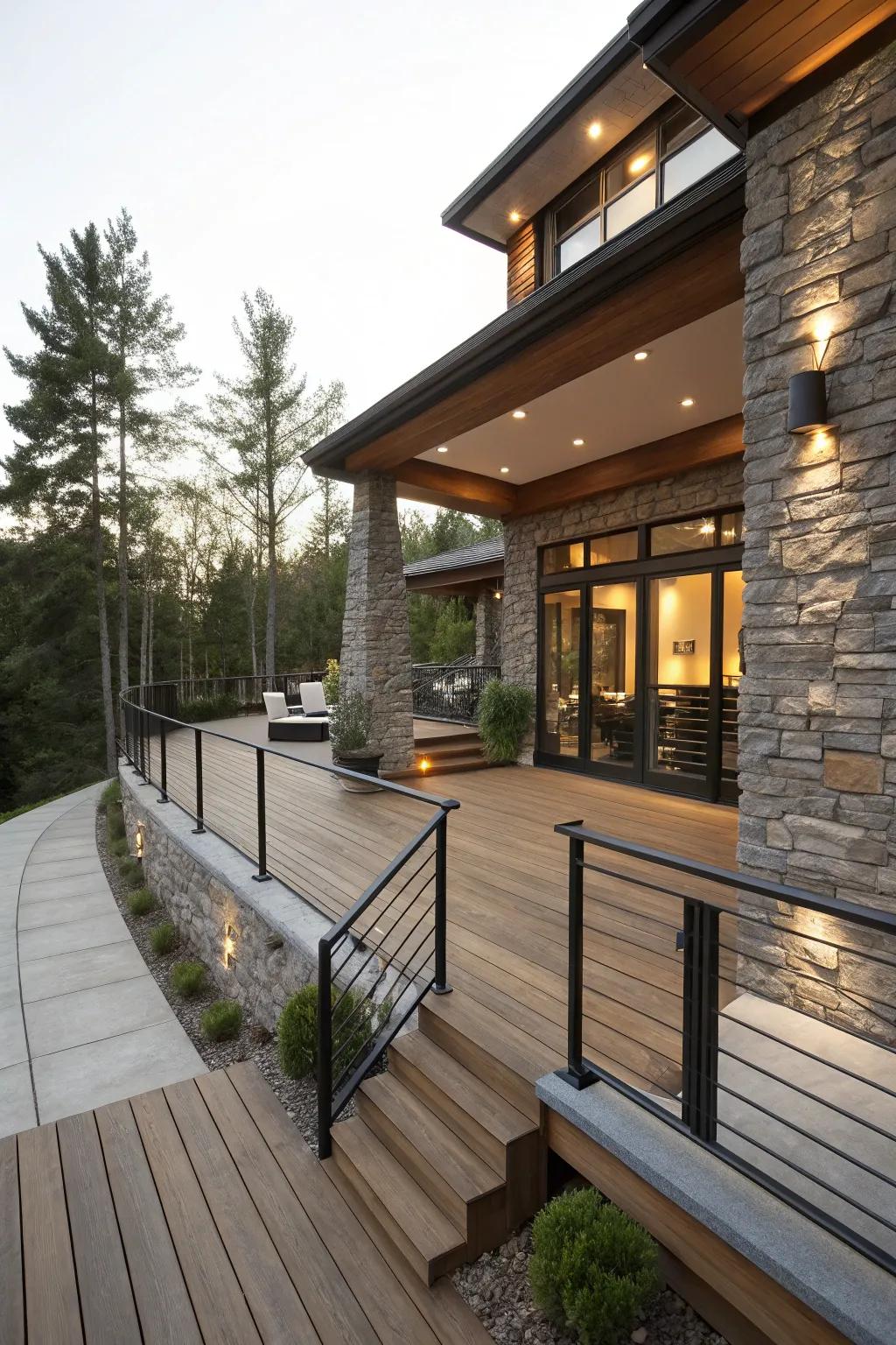 A contemporary deck design using a mix of wood, stone, and metal materials.