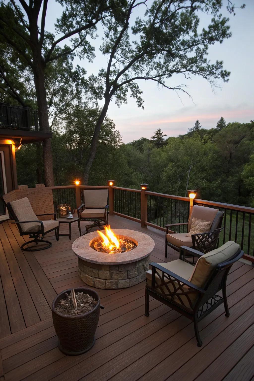 A cozy fire pit on the deck provides warmth and a gathering spot for cool evenings.