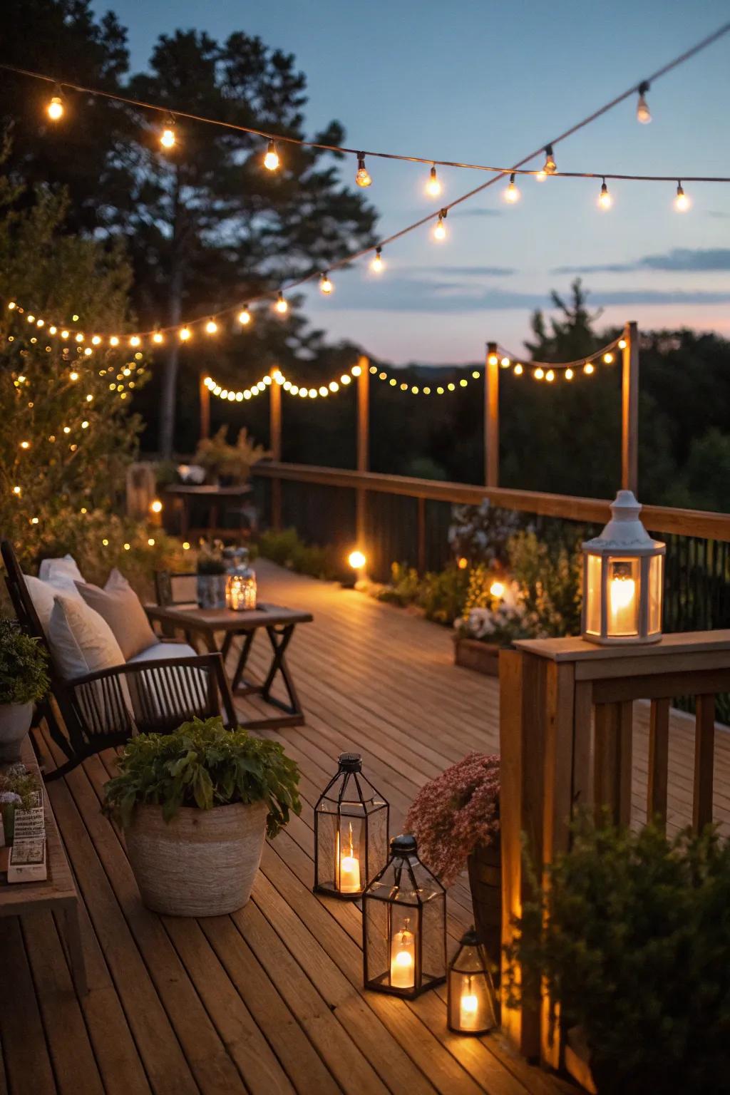 Enchanting string lights and lanterns illuminate the deck, perfect for evening gatherings.