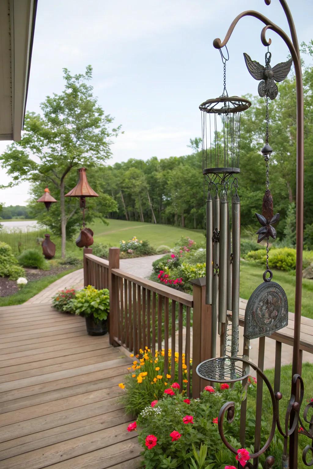Artistic elements like metal sculptures add personality and interest to the deck landscape.