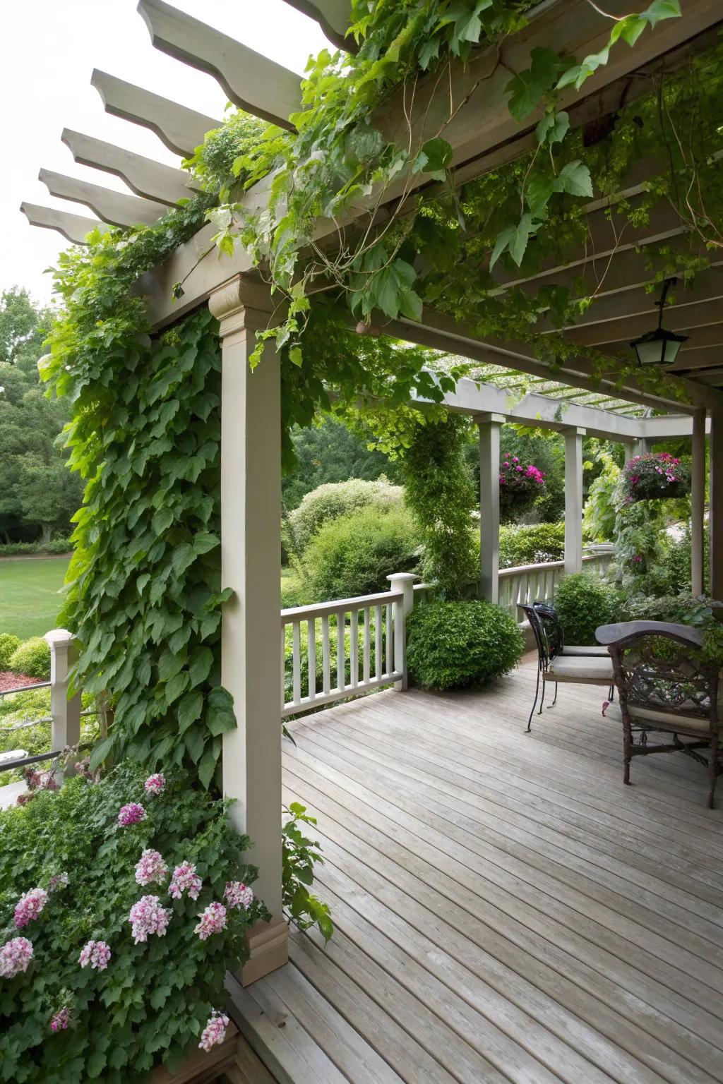 A pergola with climbing vines provides shade and beauty to the deck area.