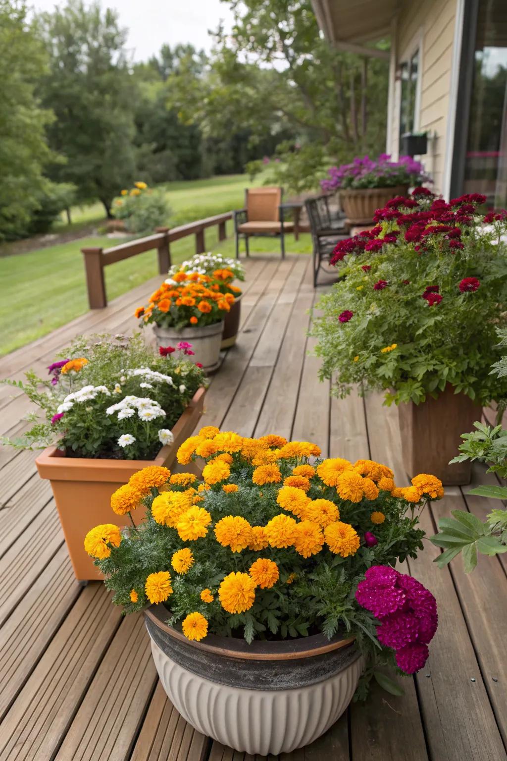 Planters filled with bright annuals like marigolds add seasonal vibrancy to the deck.
