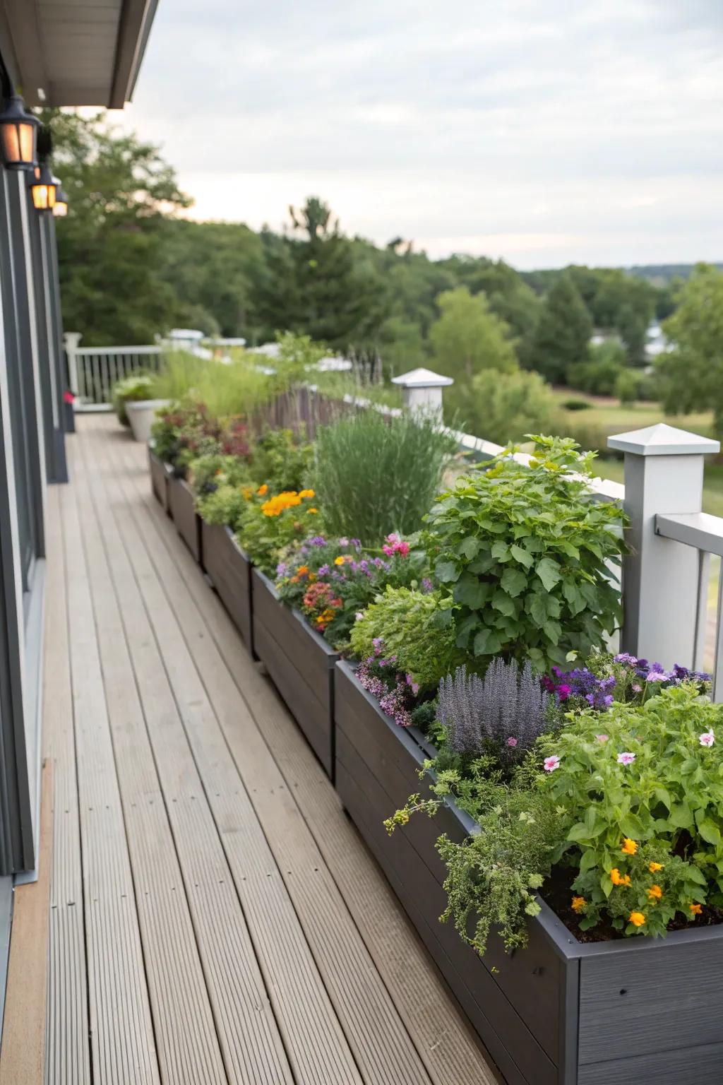 Built-in planters filled with herbs and flowers seamlessly integrate greenery into the deck.