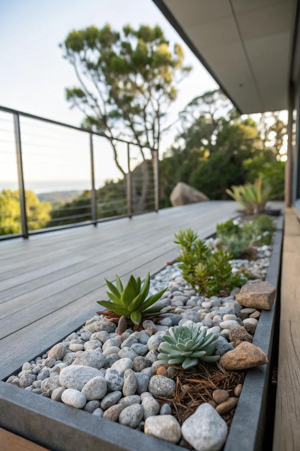 Minimalist rock beds with succulents add a serene touch to the deck's corner.