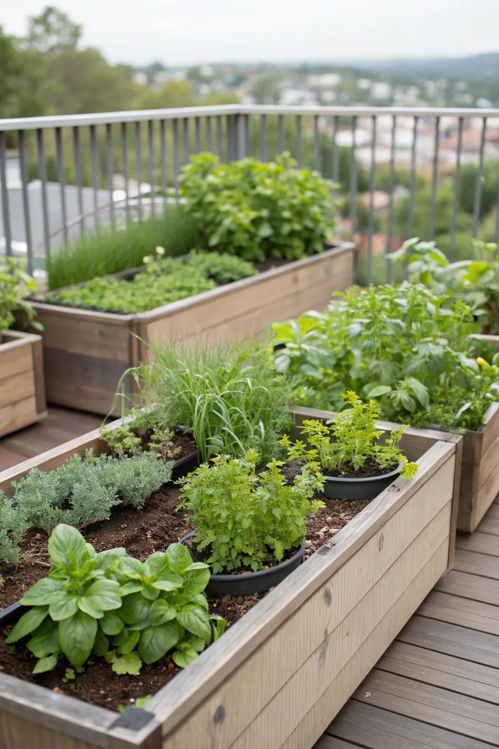 Raised beds define deck areas and provide easy access to fresh herbs.