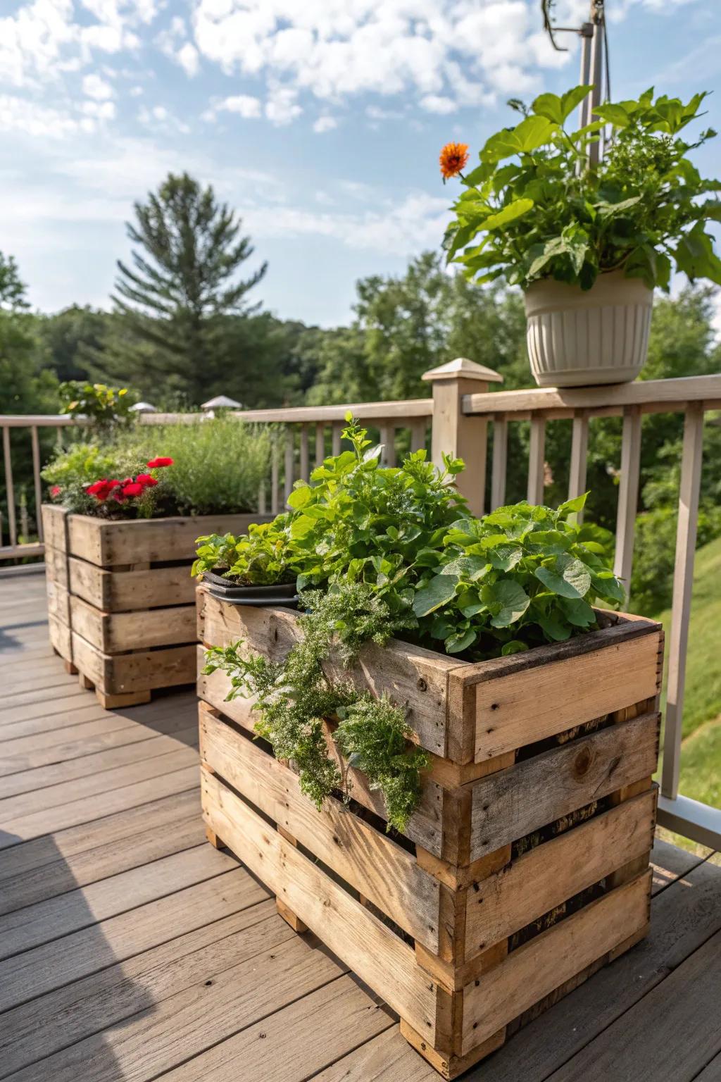 DIY planters made from recycled materials add a rustic and personal touch to the deck.