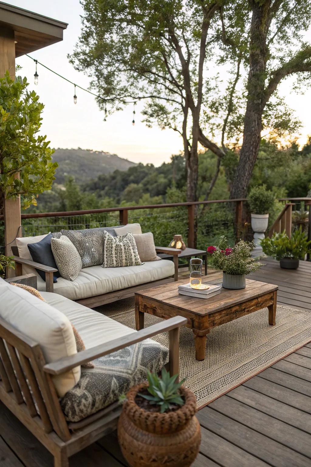 A cozy seating nook on the deck, perfect for relaxation and socializing.