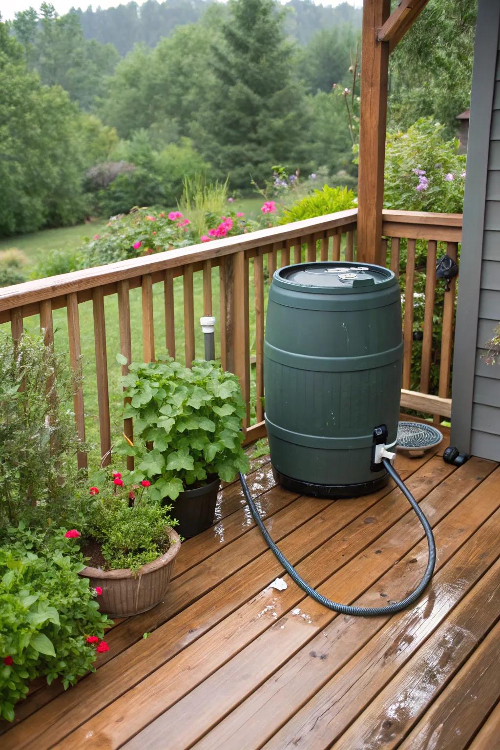 An eco-friendly rain barrel provides sustainable watering solutions for deck plants.