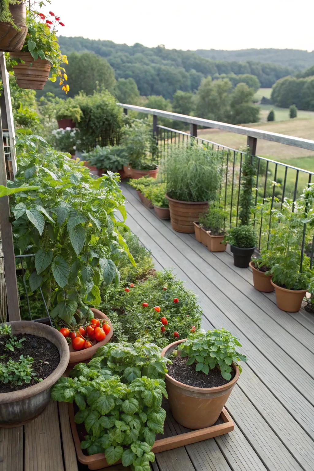 A kitchen garden with potted herbs and vegetables offers fresh produce right from the deck.