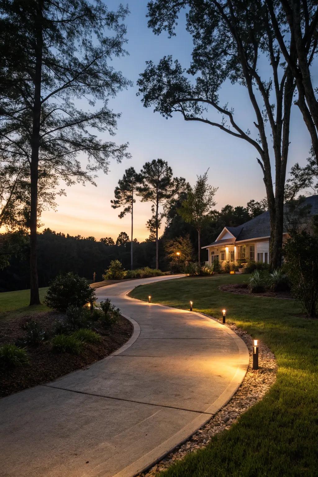 Soft lighting enhances both safety and ambiance along the driveway.
