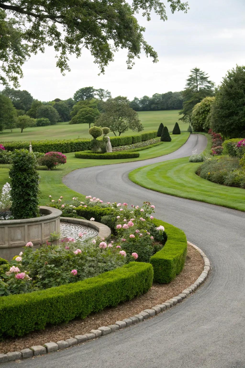 A central circular design creates a stunning focal point in the driveway.