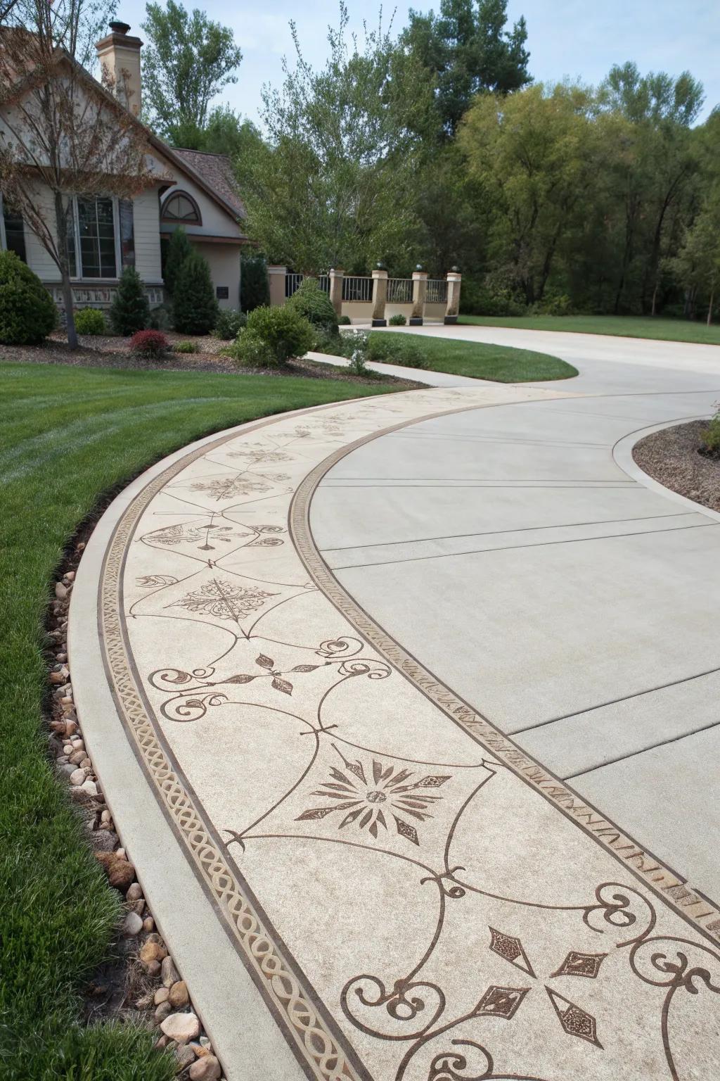 A custom inlay adds an artistic element to the driveway.