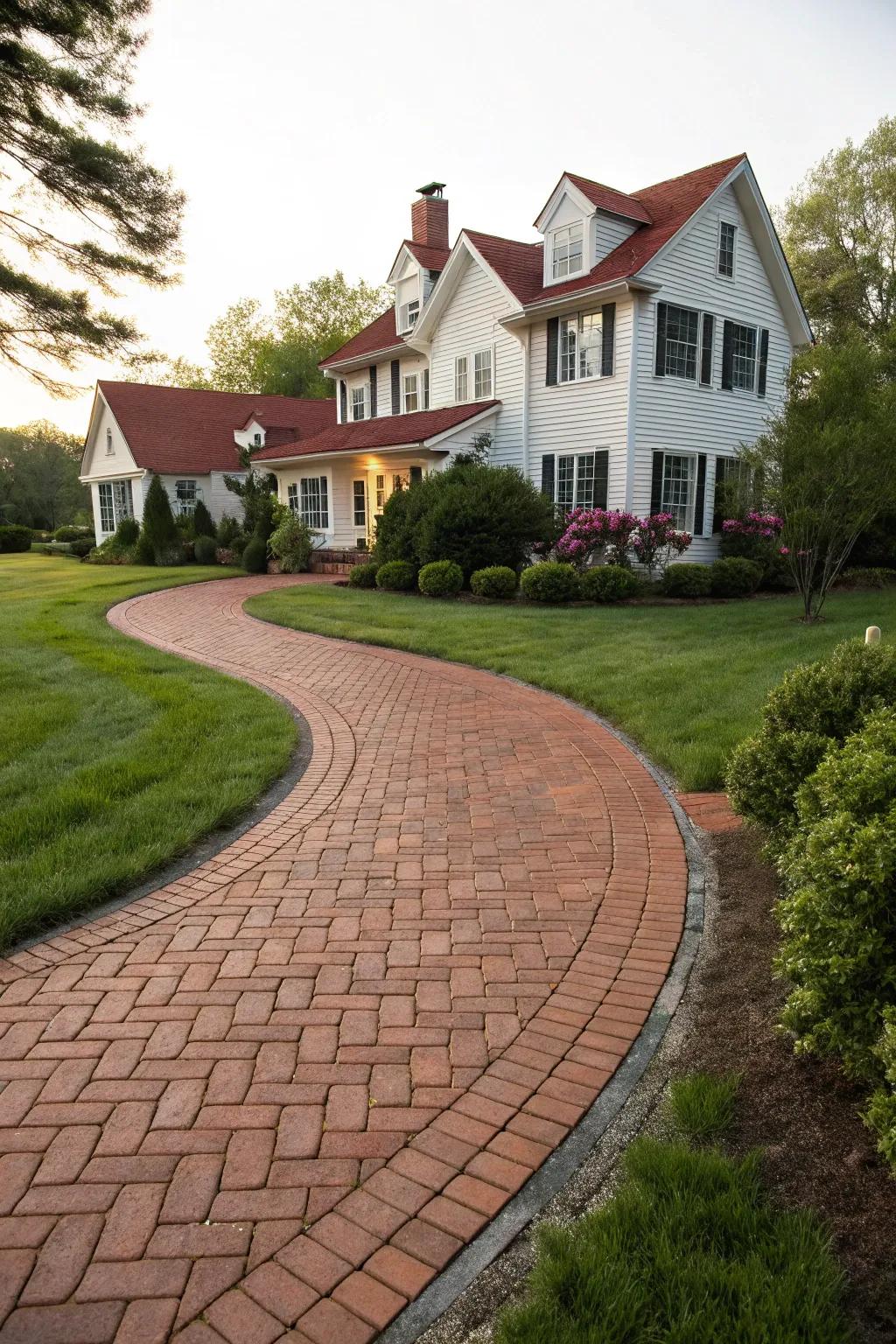 A brick driveway adds warmth and character to this home.