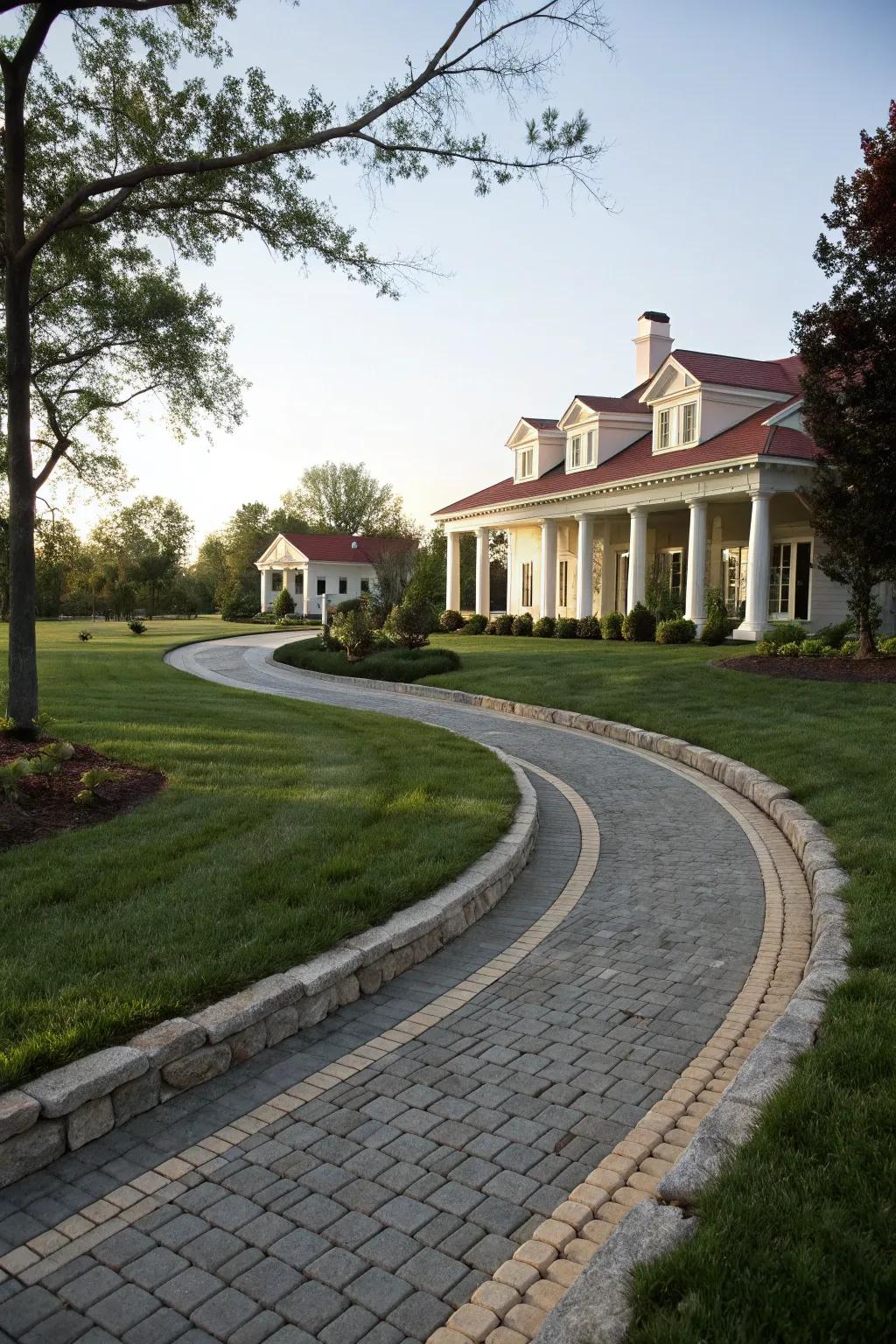 Stone borders add a touch of elegance to this curved driveway.